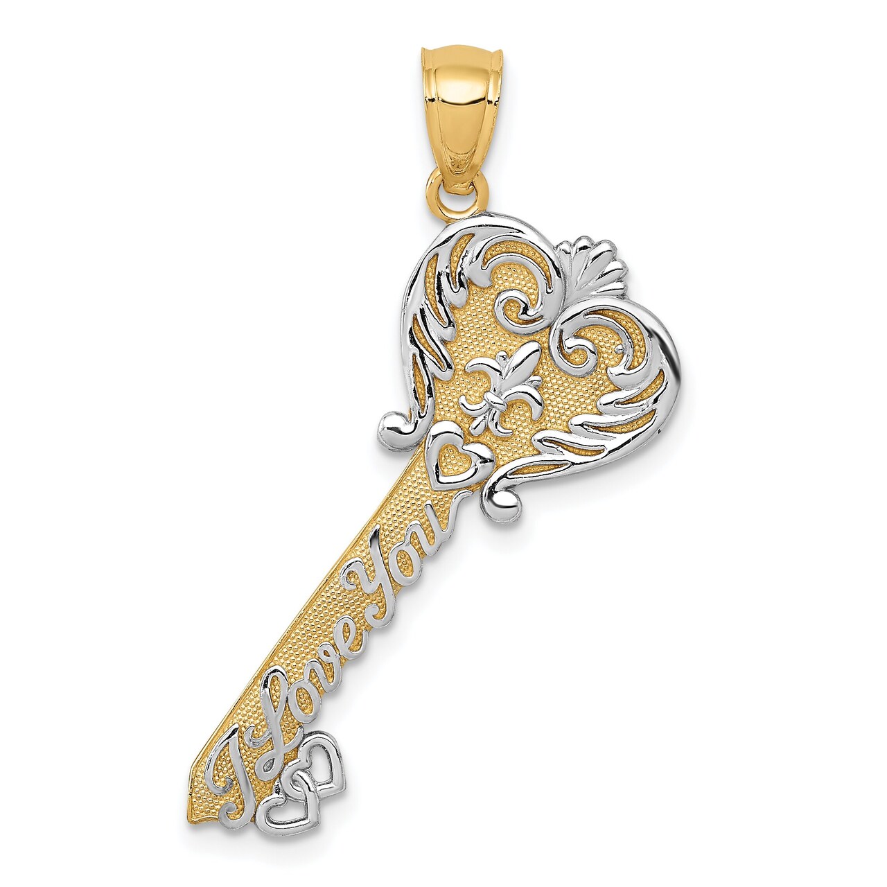 14K Two Tone Gold I Love You Key Pendant Charm Jewelry 35 x 24 mm